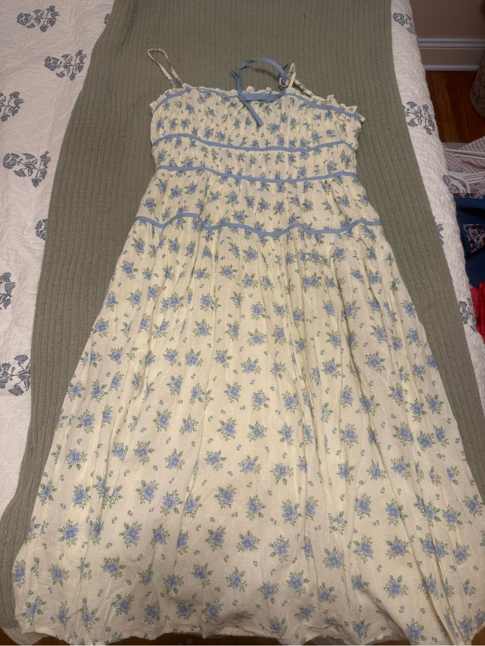 Cream Floral Sundress with Blue Trim - Women's Casual Dress